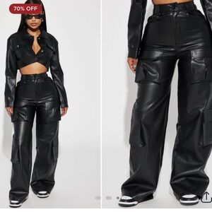 Fashion Nova Faux Leather Wide Leg Cargo Pants - Black